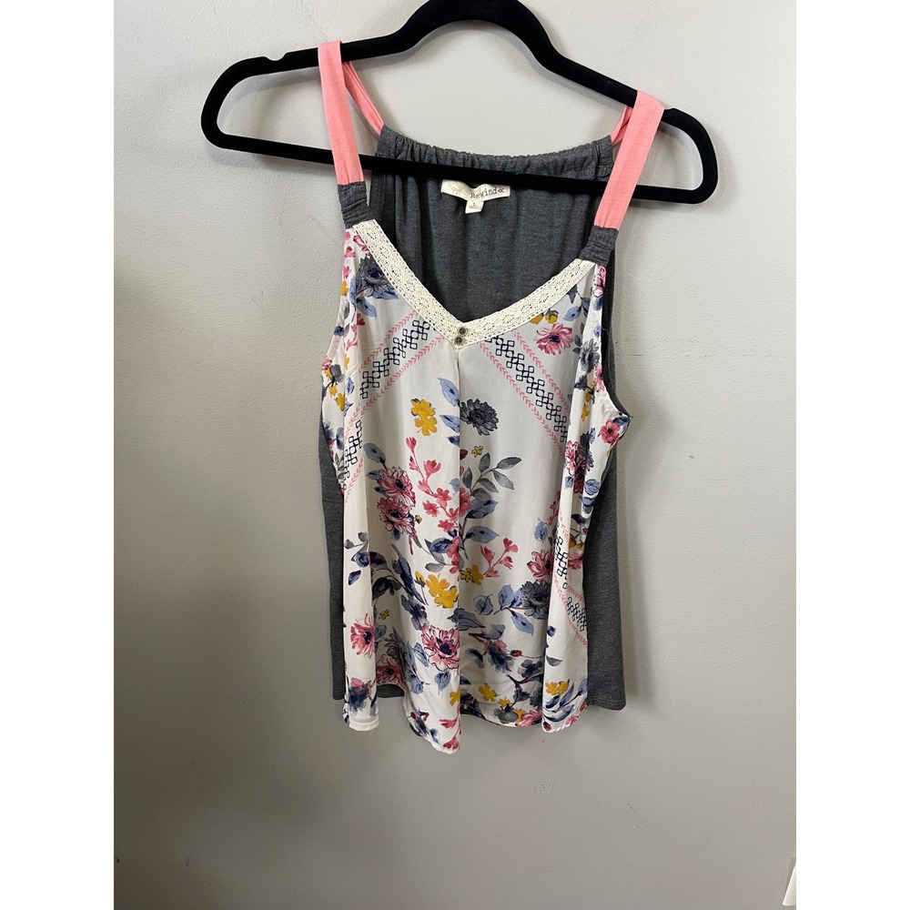 Rewind Women Floral Tank Top Gray Pink Mixed Media Lace Trim V-Neck casual